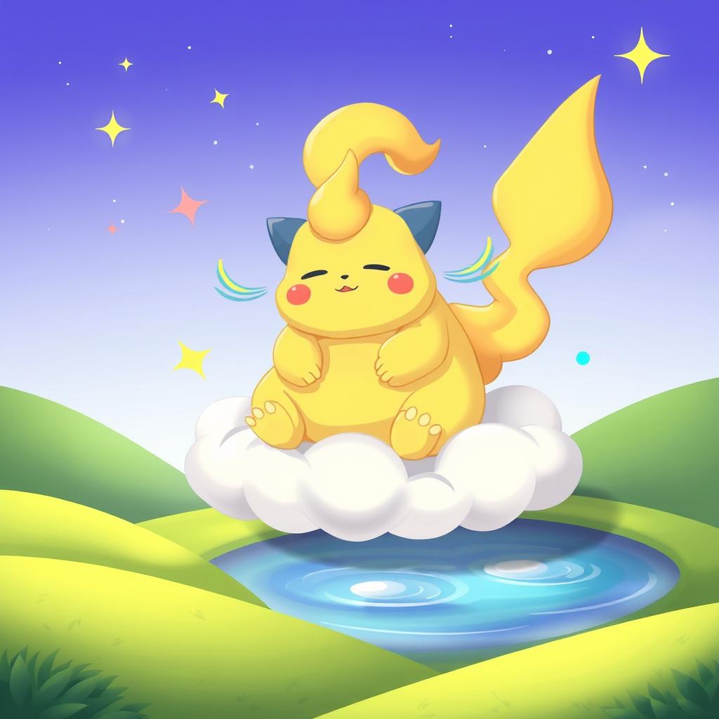 A whimsical and dreamy illustration of a Drowzee, the yellow, hypnosis-themed Pokemon