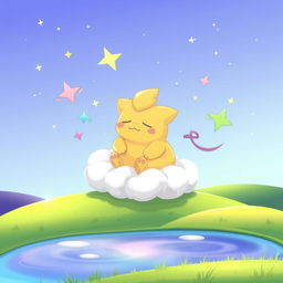 A whimsical and dreamy illustration of a Drowzee, the yellow, hypnosis-themed Pokemon