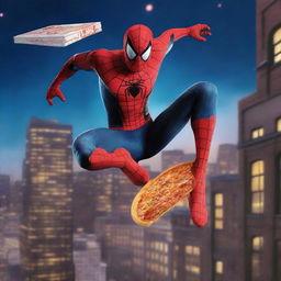 A hyper-realistic image of Spiderman leaping from a building at midnight, holding a box of pizza