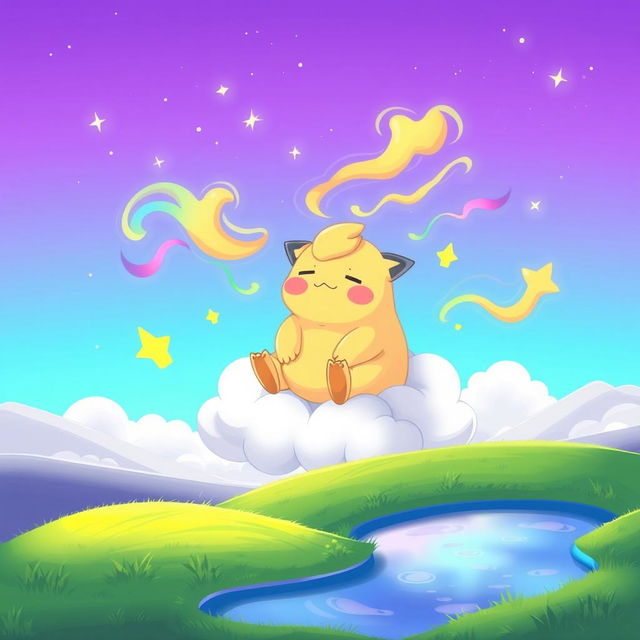 A whimsical and dreamy illustration of a Drowzee, the yellow, hypnosis-themed Pokemon