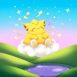 A whimsical and dreamy illustration of a Drowzee, the yellow, hypnosis-themed Pokemon