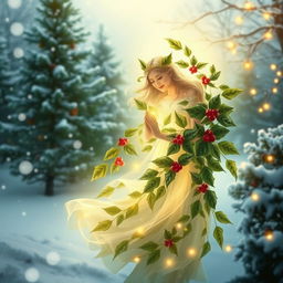 A serene and magical depiction of a Holly Spirit, embodying the spirit of Christmas and nature