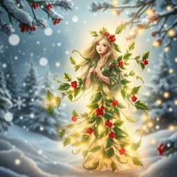 A serene and magical depiction of a Holly Spirit, embodying the spirit of Christmas and nature