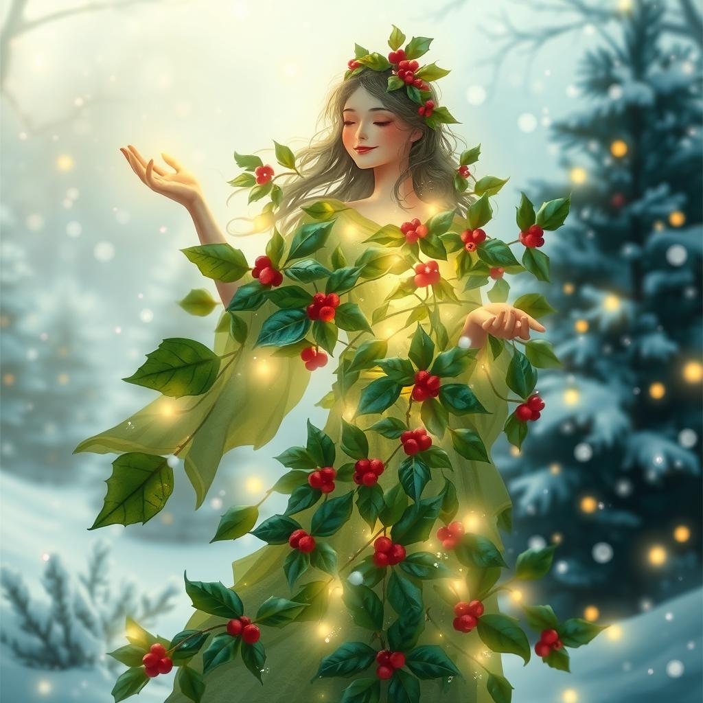 A serene and magical depiction of a Holly Spirit, embodying the spirit of Christmas and nature