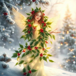 A serene and magical depiction of a Holly Spirit, embodying the spirit of Christmas and nature