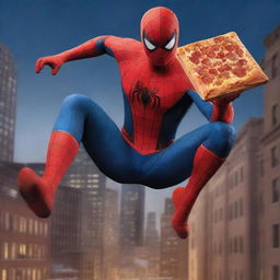 A hyper-realistic image of Spiderman leaping from a building at midnight, holding a box of pizza