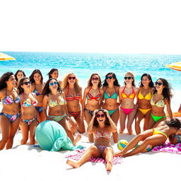 A vibrant beach scene featuring a big group of ladies joyfully enjoying their time in colorful bikinis