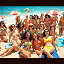 A vibrant beach scene featuring a big group of ladies joyfully enjoying their time in colorful bikinis
