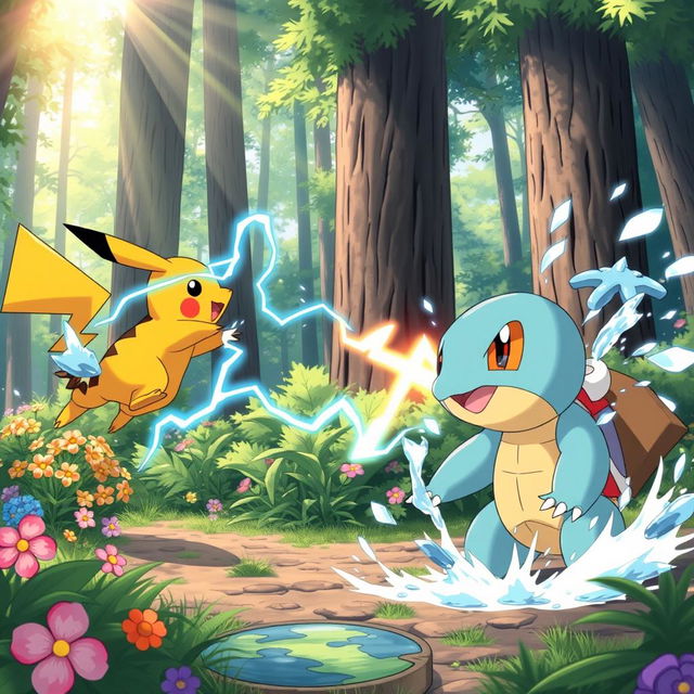 A vibrant and detailed illustration of a Pokemon battle scene in a lush forest environment