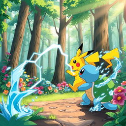 A vibrant and detailed illustration of a Pokemon battle scene in a lush forest environment