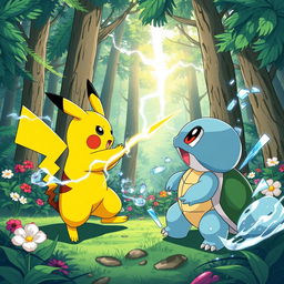 A vibrant and detailed illustration of a Pokemon battle scene in a lush forest environment