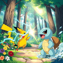 A vibrant and detailed illustration of a Pokemon battle scene in a lush forest environment