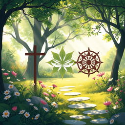 A serene and captivating illustration representing various world religions harmoniously coexisting
