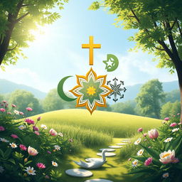 A serene and captivating illustration representing various world religions harmoniously coexisting