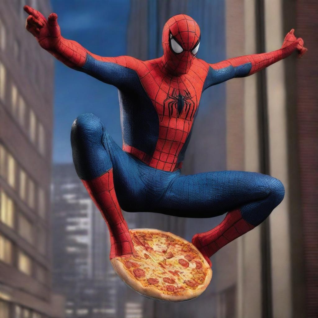 A hyper-realistic image of Spiderman swinging from his web above a building at midnight, holding a box of pizza