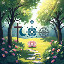 A serene and captivating illustration representing various world religions harmoniously coexisting
