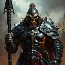 A formidable half-orc warrior clad in intricately designed plate armor, exuding a sense of power and authority