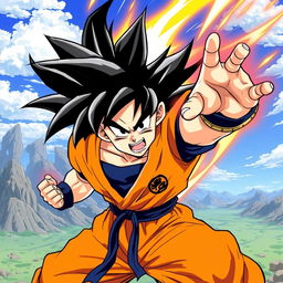 A dynamic illustration of Goku from Dragon Ball Z, showcasing his iconic spiky black hair and orange gi