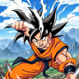 A dynamic illustration of Goku from Dragon Ball Z, showcasing his iconic spiky black hair and orange gi
