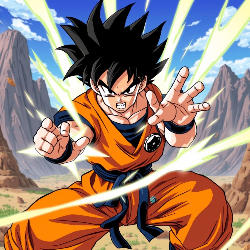 A dynamic illustration of Goku from Dragon Ball Z, showcasing his iconic spiky black hair and orange gi