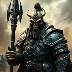 A formidable half-orc warrior clad in intricately designed plate armor, exuding a sense of power and authority
