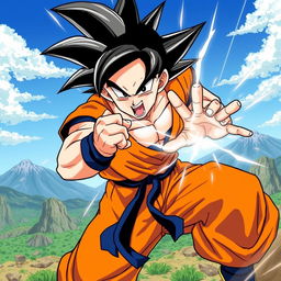 A dynamic illustration of Goku from Dragon Ball Z, showcasing his iconic spiky black hair and orange gi