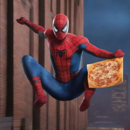 A hyper-realistic image of Spiderman swinging from his web above a building at midnight, holding a box of pizza