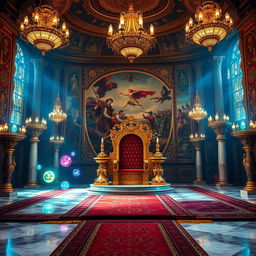 A majestic royal throne room adorned with intricate tapestries and opulent decor, featuring a grand throne made of gold and embellished with jewels