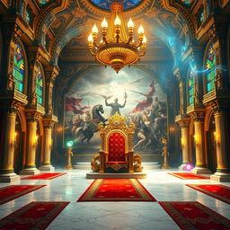 A majestic royal throne room adorned with intricate tapestries and opulent decor, featuring a grand throne made of gold and embellished with jewels