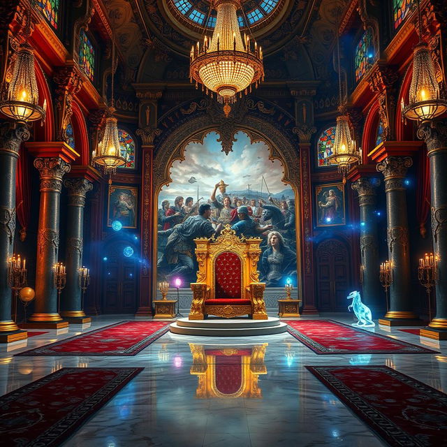 A majestic royal throne room adorned with intricate tapestries and opulent decor, featuring a grand throne made of gold and embellished with jewels