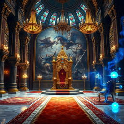 A majestic royal throne room adorned with intricate tapestries and opulent decor, featuring a grand throne made of gold and embellished with jewels