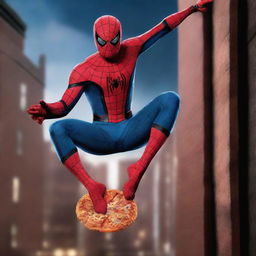 A hyper-realistic image of Spiderman swinging from his web above a building at midnight, holding a box of pizza