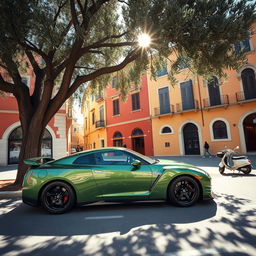 A wide shot of a striking metallic green Nissan GTR parked gracefully under the shade of a tall olive tree at the edge of a sunlit Italian piazza