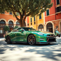 A wide shot of a striking metallic green Nissan GTR parked gracefully under the shade of a tall olive tree at the edge of a sunlit Italian piazza