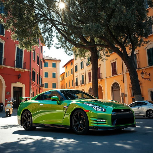 A wide shot of a striking metallic green Nissan GTR parked gracefully under the shade of a tall olive tree at the edge of a sunlit Italian piazza