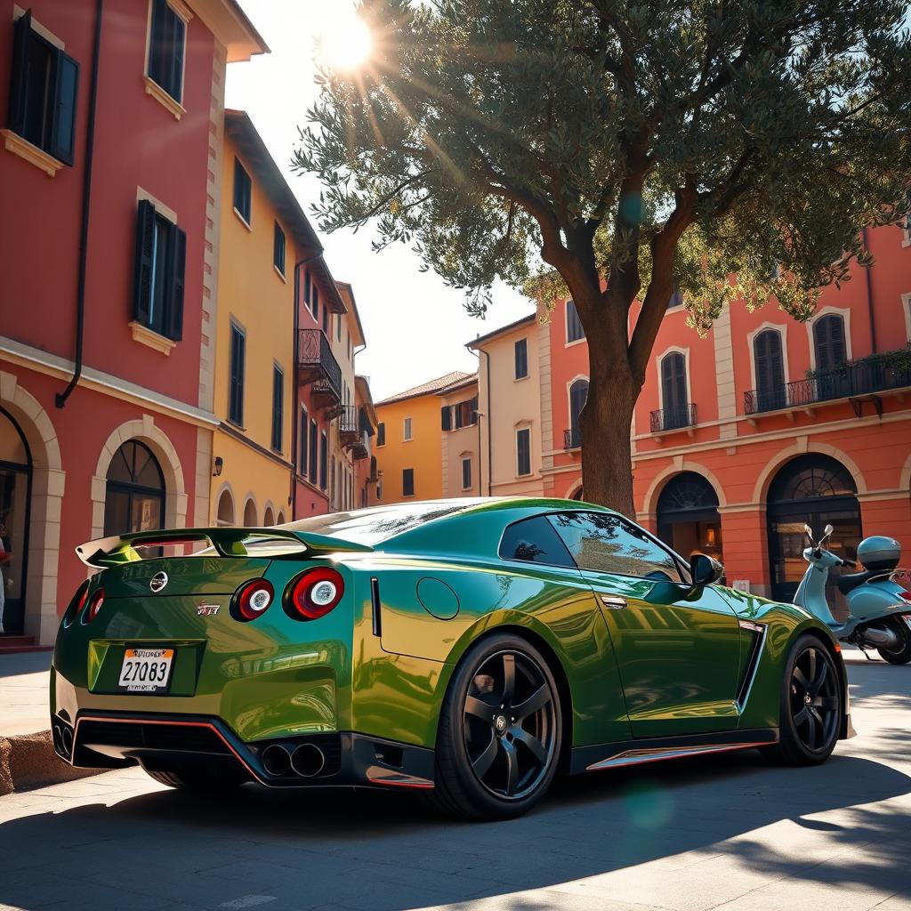 A wide shot of a striking metallic green Nissan GTR parked gracefully under the shade of a tall olive tree at the edge of a sunlit Italian piazza