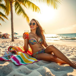 A stunning scene featuring a beautiful woman in a vibrant bikini, lounging on a sun-kissed beach