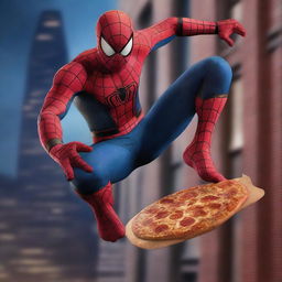 A hyper-realistic image of Spiderman swinging from his web above a building at midnight, holding a box of pizza