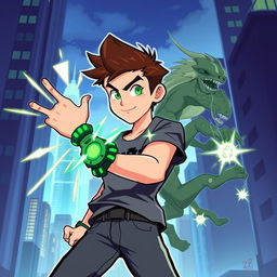 A dynamic illustration of a young hero named Ben Tennyson, wearing his iconic green and black Omnitrix watch, transforming into one of his alien forms in an urban environment