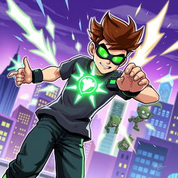 A dynamic illustration of a young hero named Ben Tennyson, wearing his iconic green and black Omnitrix watch, transforming into one of his alien forms in an urban environment