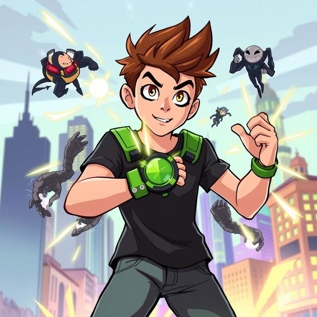 A dynamic illustration of a young hero named Ben Tennyson, wearing his iconic green and black Omnitrix watch, transforming into one of his alien forms in an urban environment