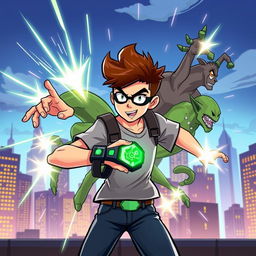 A dynamic illustration of a young hero named Ben Tennyson, wearing his iconic green and black Omnitrix watch, transforming into one of his alien forms in an urban environment