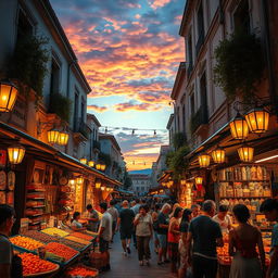 A striking image of a vibrant and lively street market at dusk, filled with colorful stalls showcasing exotic fruits, spices, and handmade crafts