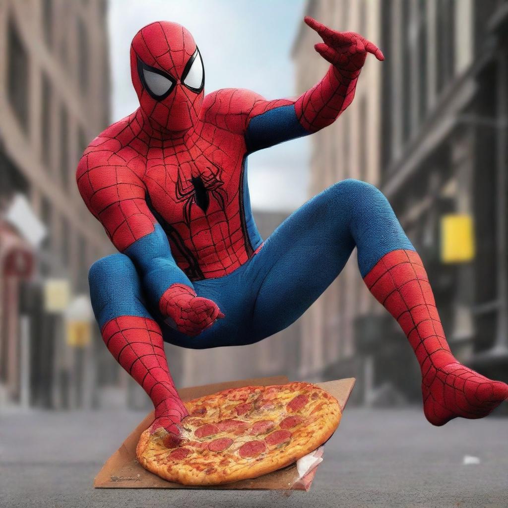 A hyper-realistic image of Spiderman kicking a lizard monster, causing it to fall, while holding a box of pizza