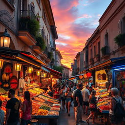 A striking image of a vibrant and lively street market at dusk, filled with colorful stalls showcasing exotic fruits, spices, and handmade crafts