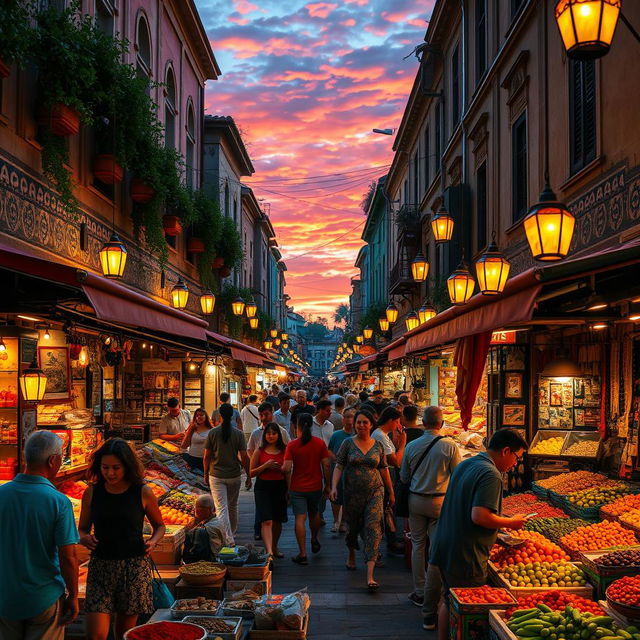 A striking image of a vibrant and lively street market at dusk, filled with colorful stalls showcasing exotic fruits, spices, and handmade crafts