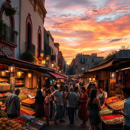 A striking image of a vibrant and lively street market at dusk, filled with colorful stalls showcasing exotic fruits, spices, and handmade crafts