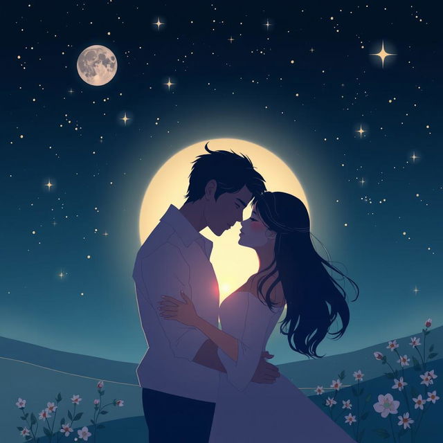 A romantic scene depicting a couple embracing under a starlit sky