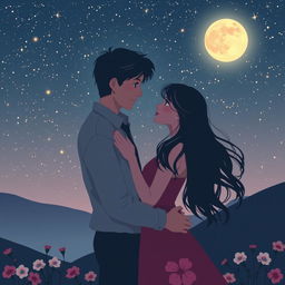 A romantic scene depicting a couple embracing under a starlit sky