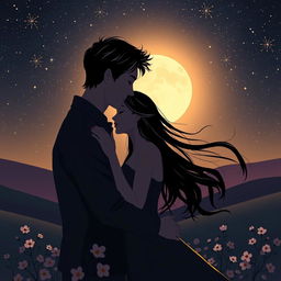 A romantic scene depicting a couple embracing under a starlit sky